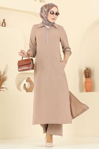 moda selvim Yakası Taş Detaylı Tunik Takım 446DVL817 Vizyon - Thumbnail