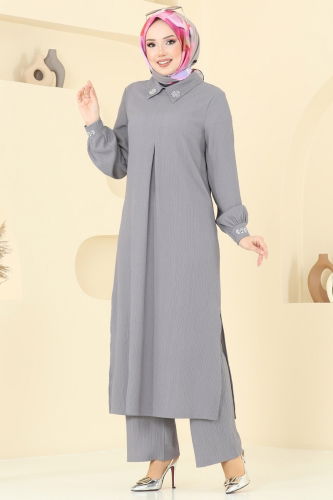 moda selvim Yakası Taşlı Bürümcük Takım 398DVL817 Gri - Thumbnail