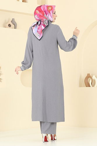 moda selvim Yakası Taşlı Bürümcük Takım 398DVL817 Gri - Thumbnail