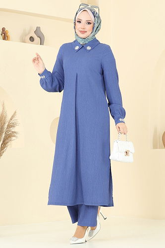 moda selvim Yakası Taşlı Bürümcük Takım 398DVL817 İndigo - Thumbnail