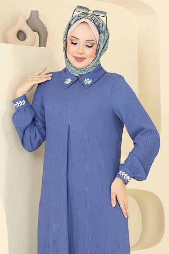 moda selvim Yakası Taşlı Bürümcük Takım 398DVL817 İndigo - Thumbnail