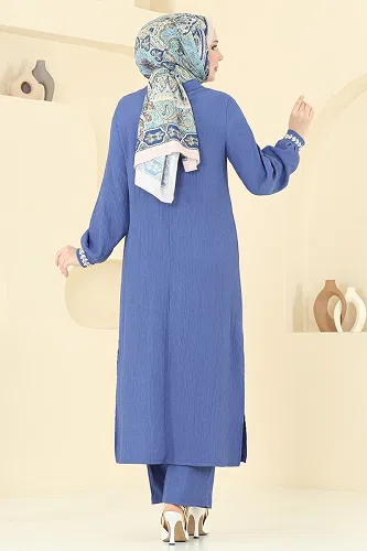 moda selvim Yakası Taşlı Bürümcük Takım 398DVL817 İndigo - Thumbnail