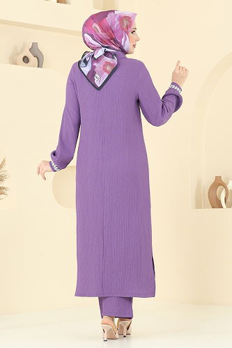 moda selvim Yakası Taşlı Bürümcük Takım 398DVL817 Lila - Thumbnail