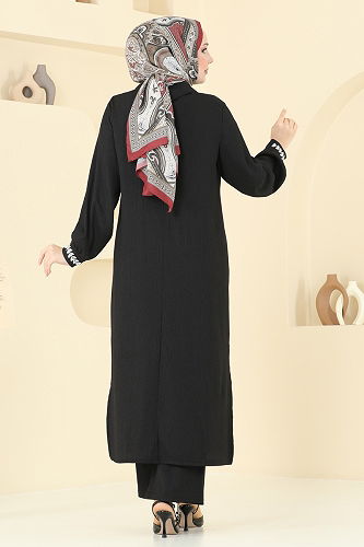 moda selvim Yakası Taşlı Bürümcük Takım 398DVL817 Siyah - Thumbnail