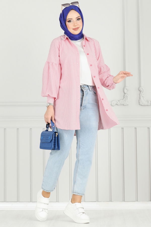 Modaselvim Bluz ve Gömlek Yakası Taşlı Çizgili Gömlek 3093HBS856 Kırmızı