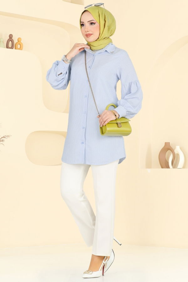 Modaselvim Bluz ve Gömlek Yakası Taşlı Çizgili Gömlek 3093HBS856 Mavi