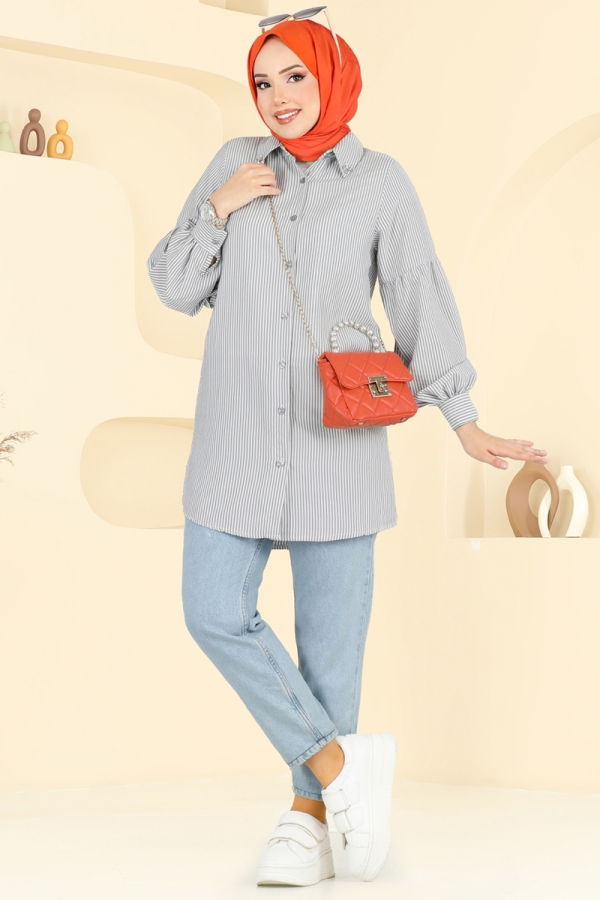 Modaselvim Bluz ve Gömlek Yakası Taşlı Çizgili Gömlek 3093HBS856 Siyah