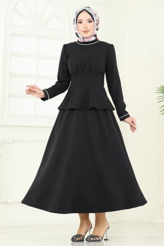 moda selvim Yakası Taşlı Etekli Takım 2683SL432 Siyah - Thumbnail