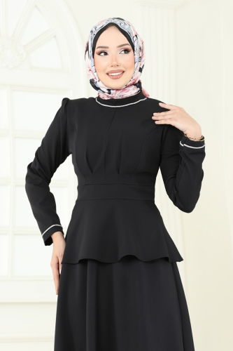 moda selvim Yakası Taşlı Etekli Takım 2683SL432 Siyah - Thumbnail