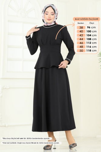 moda selvim Yakası Taşlı Etekli Takım 2683SL432 Siyah - Thumbnail