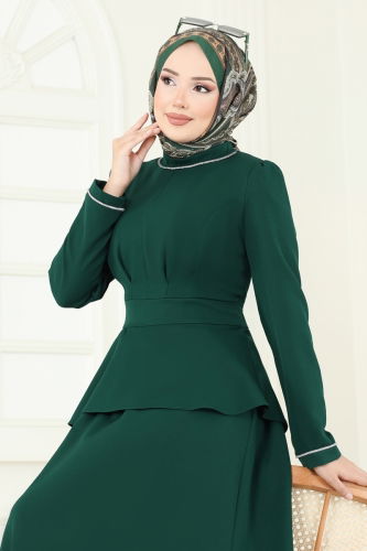 moda selvim Yakası Taşlı Etekli Takım 2683SL432 Zümrüt - Thumbnail