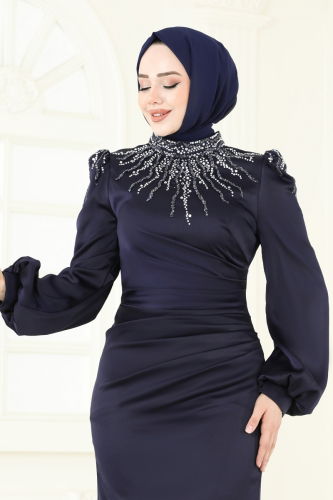 moda selvim Yakası Taşlı Saten Abiye 5130D170 Laci - Thumbnail