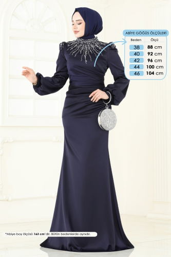 moda selvim Yakası Taşlı Saten Abiye 5130D170 Laci - Thumbnail