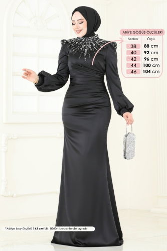 moda selvim Yakası Taşlı Saten Abiye 5130D170 Siyah - Thumbnail