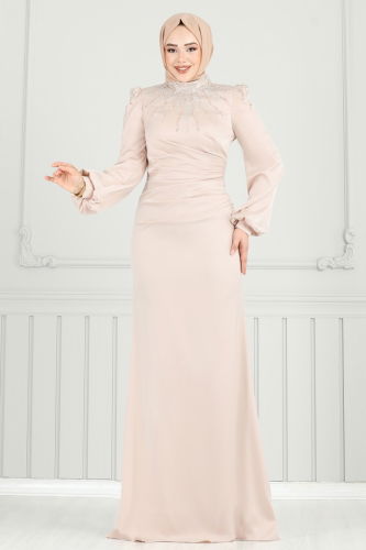 moda selvim Yakası Taşlı Saten Abiye 5130D170 Taş - Thumbnail