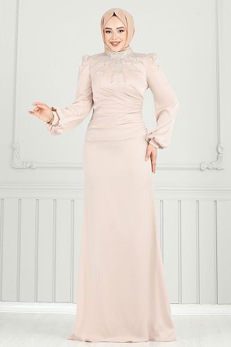 moda selvim Yakası Taşlı Saten Abiye 5130D170 Taş - Thumbnail