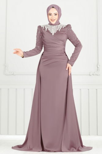 moda selvim Yakası Taşlı Saten Abiye 5131D170 Koyu Lila - Thumbnail