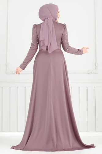 moda selvim Yakası Taşlı Saten Abiye 5131D170 Koyu Lila - Thumbnail