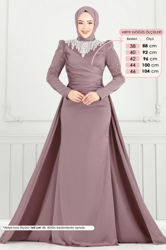 moda selvim Yakası Taşlı Saten Abiye 5131D170 Koyu Lila - Thumbnail