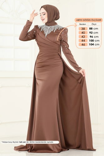 moda selvim Yakası Taşlı Saten Abiye 5131D170 Koyu Vizyon - Thumbnail