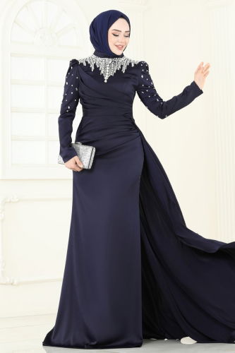 moda selvim Yakası Taşlı Saten Abiye 5131D170 Laci - Thumbnail