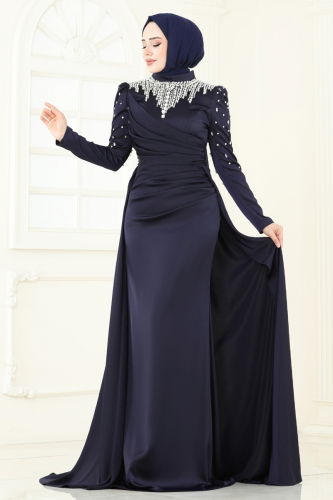 moda selvim Yakası Taşlı Saten Abiye 5131D170 Laci - Thumbnail