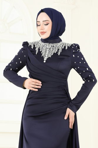moda selvim Yakası Taşlı Saten Abiye 5131D170 Laci - Thumbnail