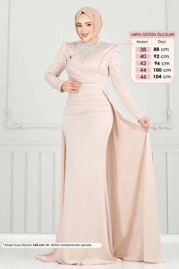 Modaselvim SUAL Yakası Taşlı Saten Abiye 5131D170 Taş