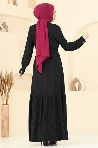 moda selvim Yakası Taşlı Tesettür Elbise 4063PM271 Siyah - Thumbnail