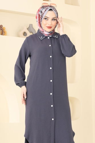 moda selvim Yakası Taşlı Tesettür Takım 3092HBS856 Antrasit - Thumbnail