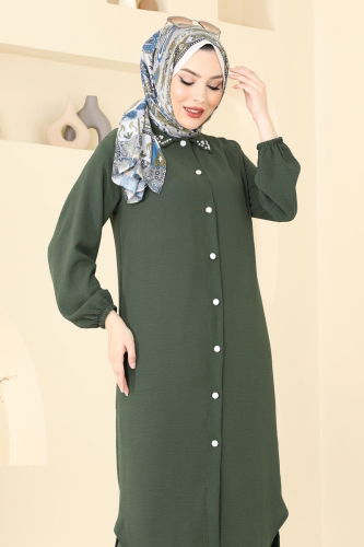 moda selvim Yakası Taşlı Tesettür Takım 3092HBS856 Haki - Thumbnail
