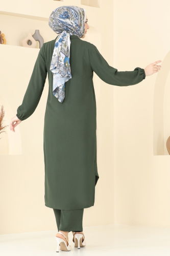moda selvim Yakası Taşlı Tesettür Takım 3092HBS856 Haki - Thumbnail