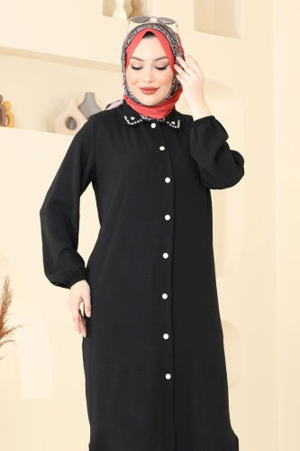moda selvim Yakası Taşlı Tesettür Takım 3092HBS856 Siyah - Thumbnail