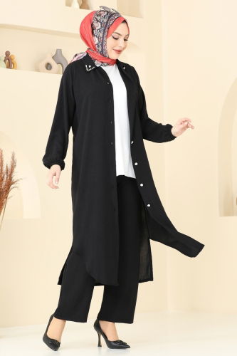 moda selvim Yakası Taşlı Tesettür Takım 3092HBS856 Siyah - Thumbnail