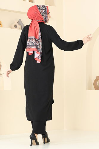 moda selvim Yakası Taşlı Tesettür Takım 3092HBS856 Siyah - Thumbnail