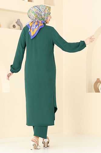 moda selvim Yakası Taşlı Tesettür Takım 3092HBS856 Zümrüt - Thumbnail