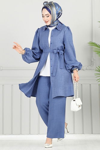 moda selvim Yakası Taşlı Tesettür Takım 9038S324 Açık İndigo - Thumbnail