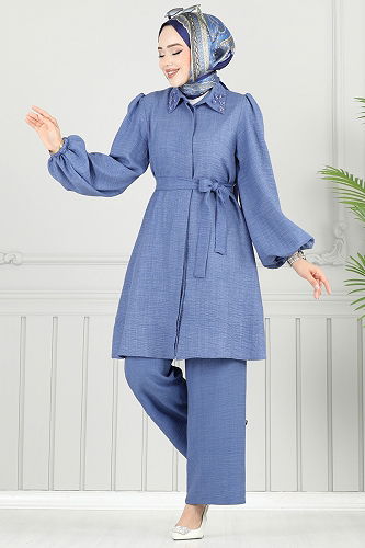 moda selvim Yakası Taşlı Tesettür Takım 9038S324 Açık İndigo - Thumbnail