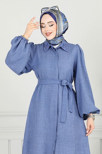 moda selvim Yakası Taşlı Tesettür Takım 9038S324 Açık İndigo - Thumbnail