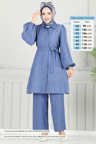 moda selvim Yakası Taşlı Tesettür Takım 9038S324 Açık İndigo - Thumbnail
