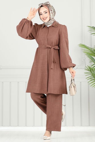 S.V.L. - Yakası Taşlı Tesettür Takım 9038S324 Kahve