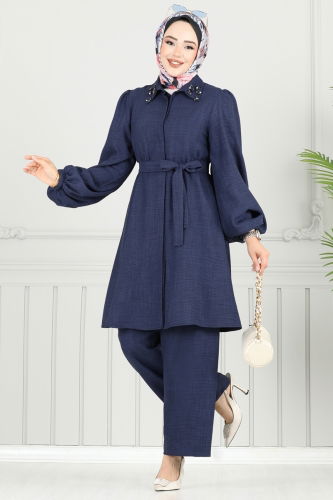S.V.L. - Yakası Taşlı Tesettür Takım 9038S324 Laci