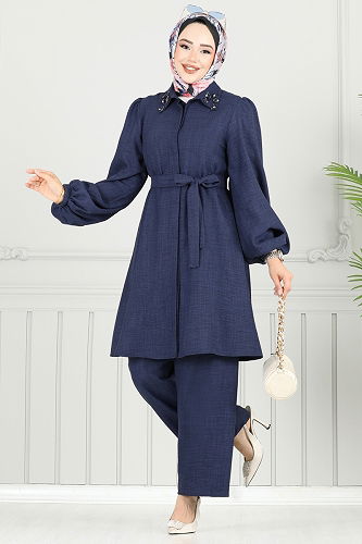 moda selvim Yakası Taşlı Tesettür Takım 9038S324 Laci - Thumbnail