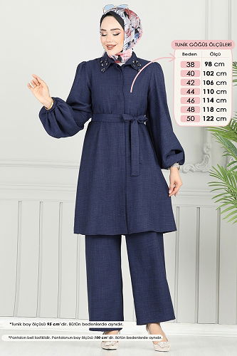 moda selvim Yakası Taşlı Tesettür Takım 9038S324 Laci - Thumbnail