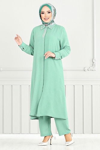 moda selvim Yakası Taşlı Tesettür Takım 9144PL940-M Açık Mint - Thumbnail