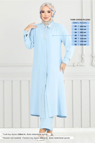 MRV P.L. - Yakası Taşlı Tesettür Takım 9144PL940-M Bebe Mavisi