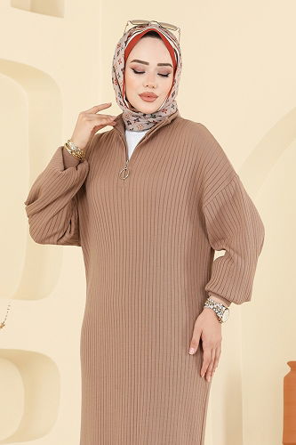 moda selvim Yakası Yarım Fermuarlı Triko Elbise 8341KL398 Bisküvi - Thumbnail