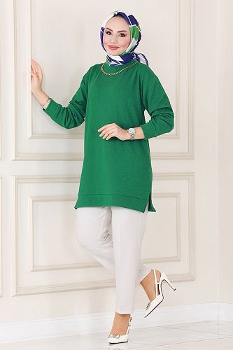 moda selvim Yakası Zincir Detaylı Tunik 132BO429 Benetton Yeşili - Thumbnail