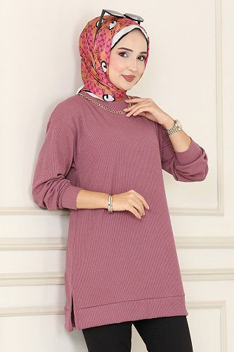 moda selvim Yakası Zincir Detaylı Tunik 132BO429 Gül Kurusu - Thumbnail