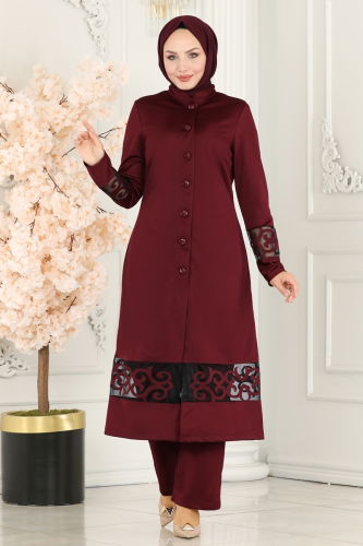 moda selvim Yakma Desenli Tesettür Takım ASM2371 Bordo - Thumbnail